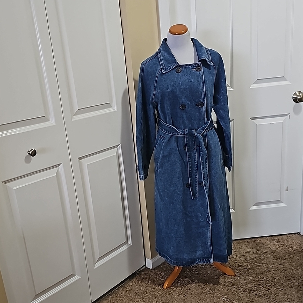 A.Peach Womens Double Breasted Denim Maxi Trench Coat Sz M